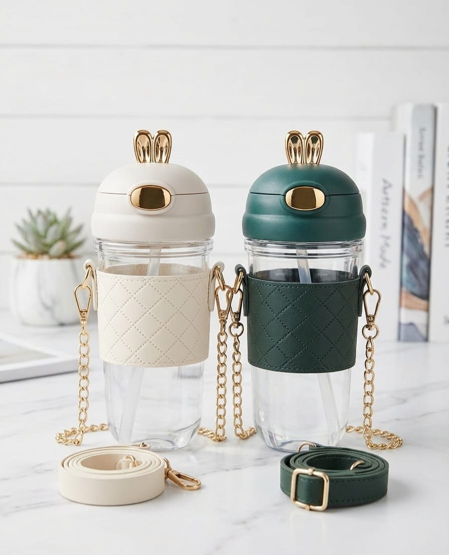 Rabbit Ear Crossbody Water Bottle – Cute BPA-Free Tumbler with Strap
