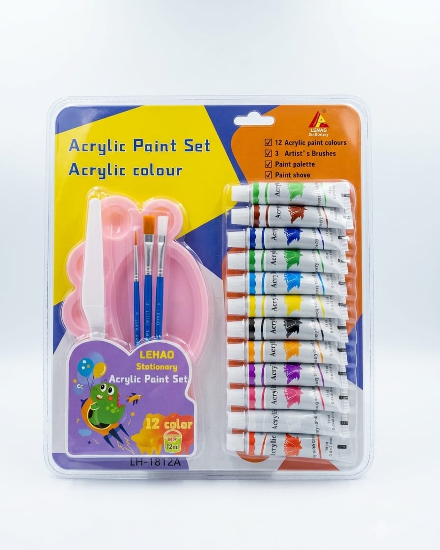 All-in-One Kids Acrylic Paint Kit– 12 Colors with Brushes & Palette