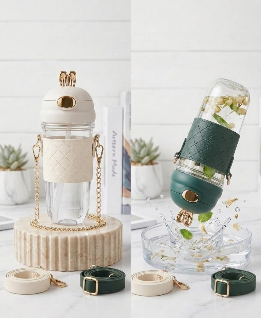 Rabbit Ear Crossbody Water Bottle – Cute BPA-Free Tumbler with Strap